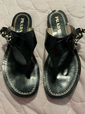 Prada Black Leather Thong Sandals with Pearl & Gold Accents